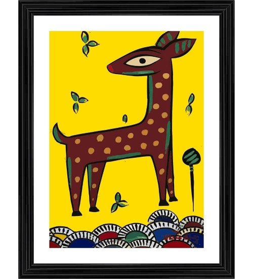 Deer Painting With Wood Photo Frame (Multicolor)