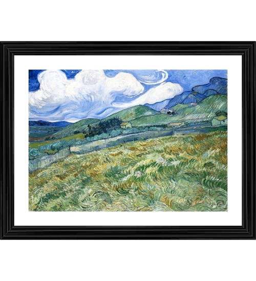 Wheatfield and Mountains 1889 Painting With Wood Photo Frame (Multicolor)