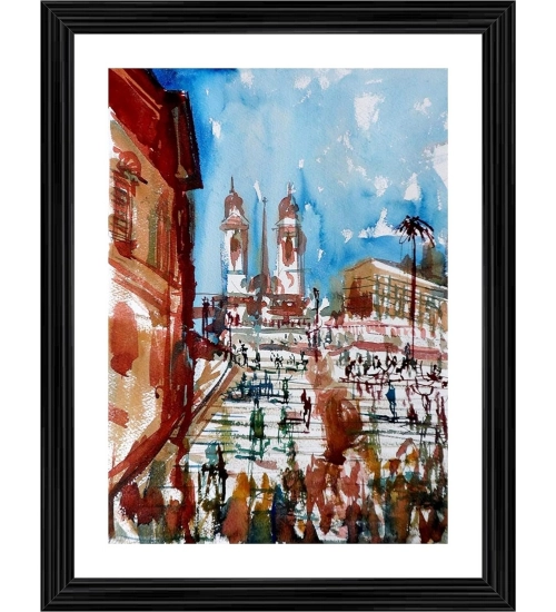 Spanish Steps in Rome 1886 Painting With Wood Photo Frame (Multicolor)