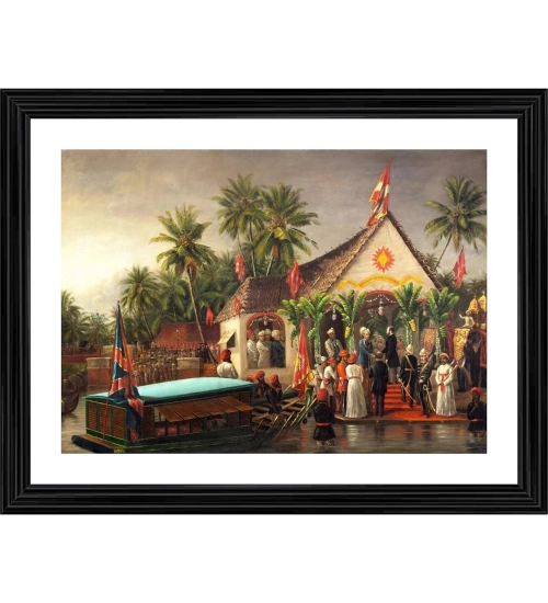 Historic Meet Maharaja of Travancore & British Officials 1880 Painting With Wood Photo Frame (Multicolor)