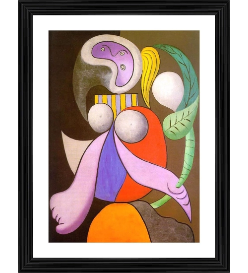 Woman with a Flower 1932 Painting With Wood Photo Frame (Multicolor)