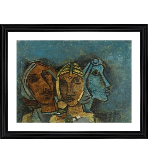 Three Ladies Rajasthan 1963 Painting With Wood Photo Frame (Multicolor)