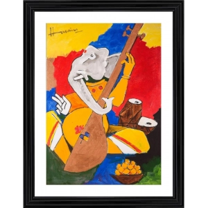 Generic Ganesh and Veena Painting With Wood Photo Frame (Multicolor)