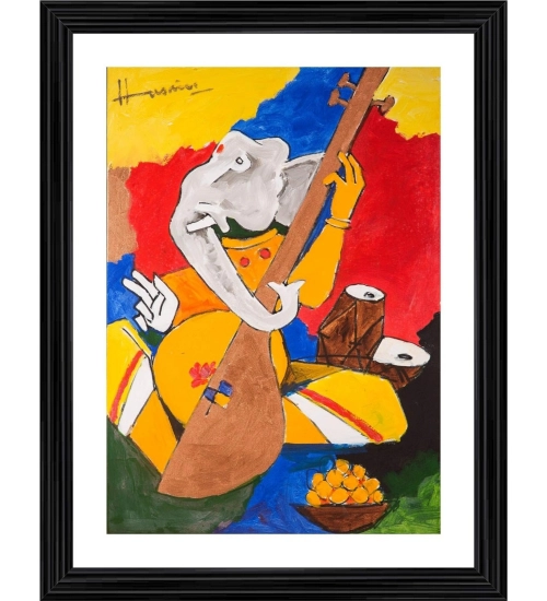 Ganesh and Veena Painting With Wood Photo Frame (Multicolor)