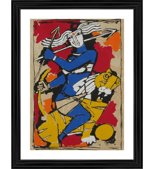 Goddess Durga Painting With Wood Photo Frame (Multicolor)