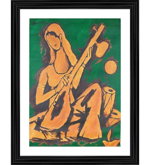 Lady with Veena Painting With Wood Photo Frame (Multicolor)