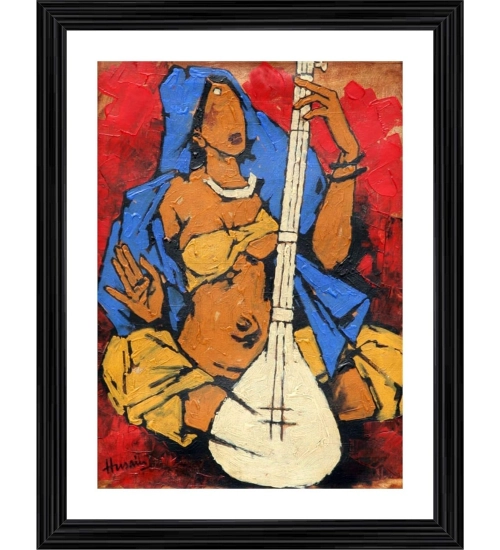 Lady with Sitar Painting With Wood Photo Frame (Multicolor)
