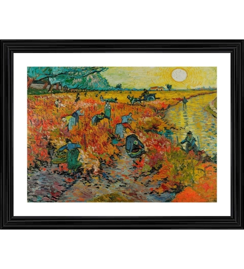 The Red Wineyard 1888 Painting With Wood Photo Frame (Multicolor)