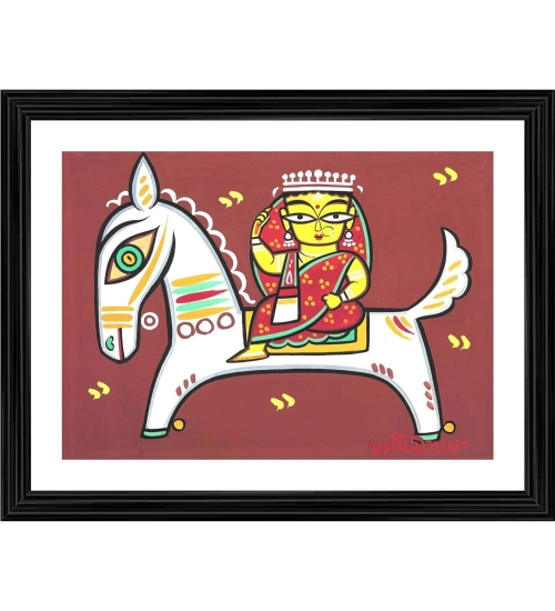 Woman on the Horse Painting With Wood Photo Frame (Multicolor)