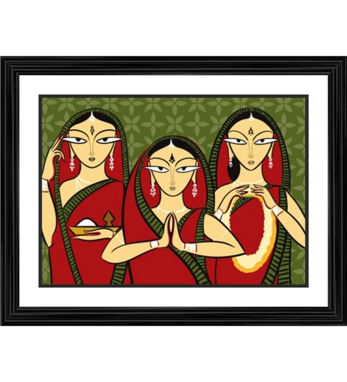 Three Worshiping Women Painting With Wood Photo Frame (Multicolor)