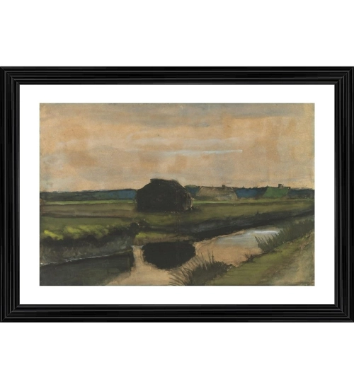 Stack of Peat and Farmhouses 1883 Painting With Wood Photo Frame (Multicolor)