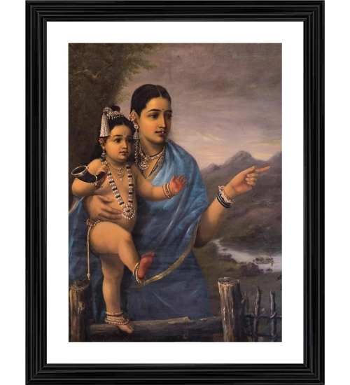 Yashoda Pointing out to Balakrishna Cows 1870 Painting With Wood Photo Frame (Multicolor)