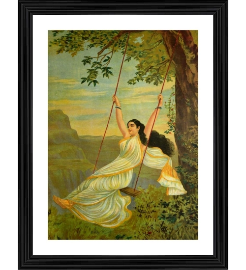 Mohini on a Swing 1894 Painting With Wood Photo Frame (Multicolor)