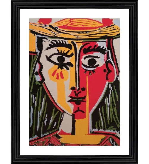 Head of a Woman in a Hat 1962 Painting With Wood Photo Frame (Multicolor)