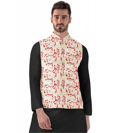 Men's Jacquard Printed Full Sleeve Waistcoat (Red-Beige)