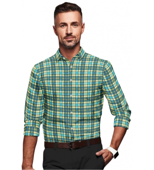 Men's Cotton Blended Checked Full Sleeve Shirt (Green-Yellow)