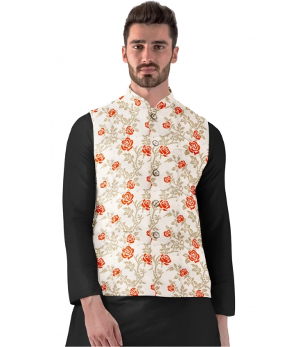 Men's Jacquard Printed Full Sleeve Waistcoat (Orange-Beige)