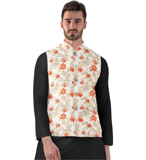 Men's Jacquard Printed Full Sleeve Waistcoat (Orange-Beige)