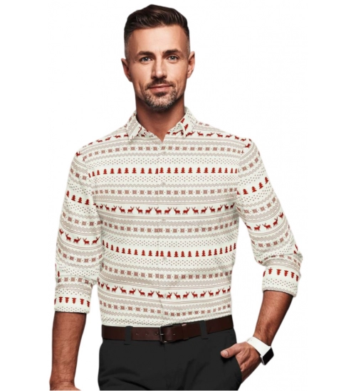 Men's Cotton Blended Printed Full Sleeve Shirt (White-Red)