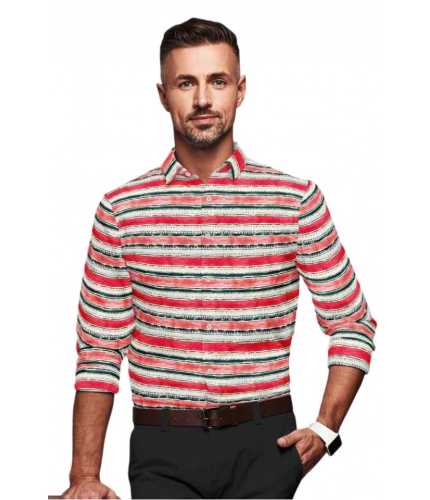 Men's Cotton Blended Striped Full Sleeve Shirt (Red-White)