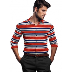 Men's Cotton Blended Striped Full Sleeve Shirt (Red-Blue)