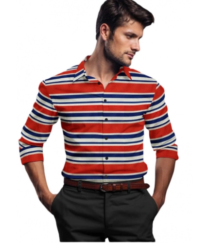 Men's Cotton Blended Striped Full Sleeve Shirt (Red-Blue)