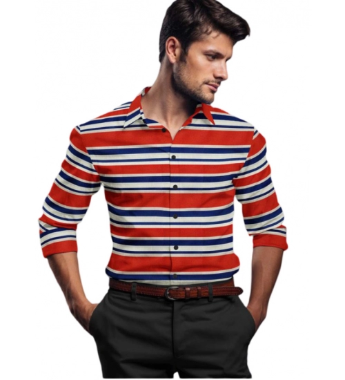 Men's Cotton Blended Striped Full Sleeve Shirt (Red-Blue)