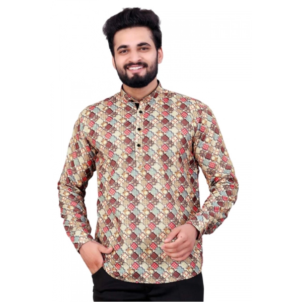 Dropship Men's Cotton Blended Printed Full Sleeve Shortkurta (Multicolor)