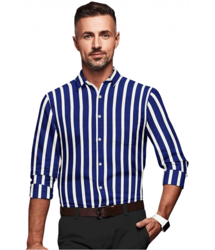 Men's Cotton Blended Striped Full Sleeve Shirt (White-Blue)