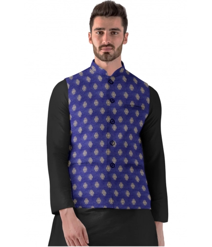 Men's Jacquard Printed Full Sleeve Waistcoat (Blue)