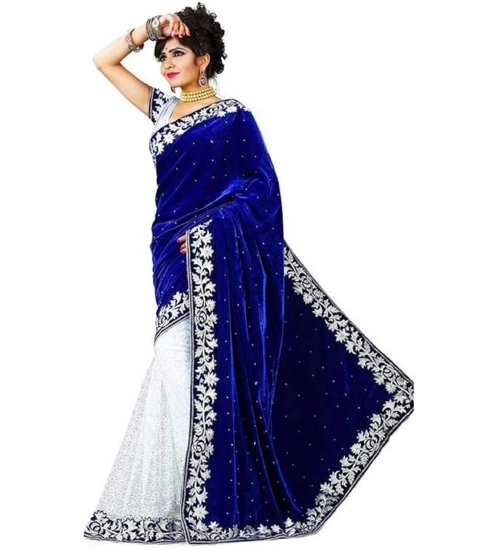 Women's Velvet Embroidered Saree With Unstitched Blouse (Blue, 5.5 Mtr)