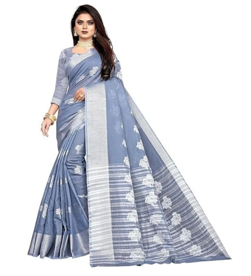 Women's Cotton Silk Floral Saree With Unstitched Blouse (Grey, 5.5 Mtr)