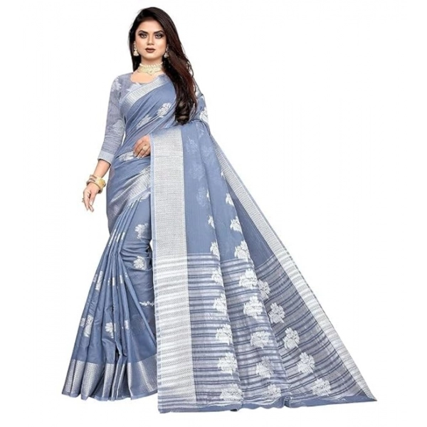 Dropship Women's Cotton Silk Floral Saree With Unstitched Blouse (Grey, 5.5 Mtr)
