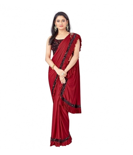 Women's Lycra Solid Saree With Unstitched Blouse (Red, 5.5 Mtr)