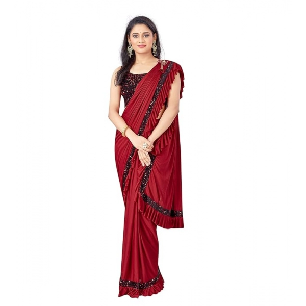 Dropship Women's Lycra Solid Saree With Unstitched Blouse (Red, 5.5 Mtr)