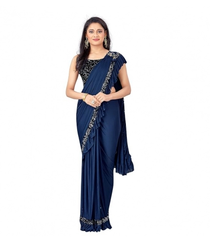 Women's Lycra Solid Saree With Unstitched Blouse (Nay Blue, 5.5 Mtr)