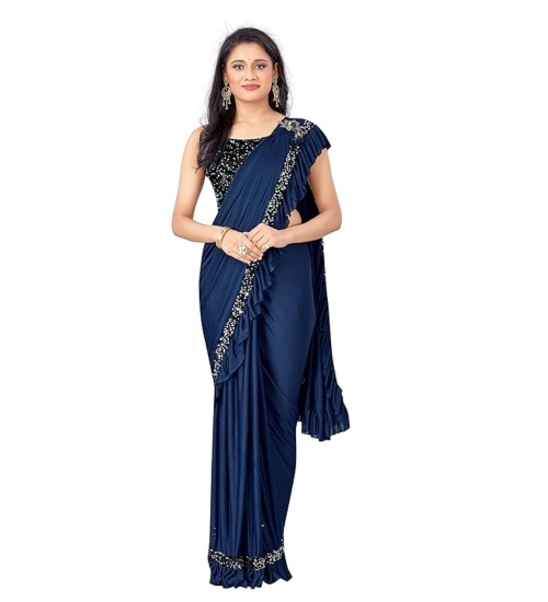 Women's Lycra Solid Saree With Unstitched Blouse (Nay Blue, 5.5 Mtr)