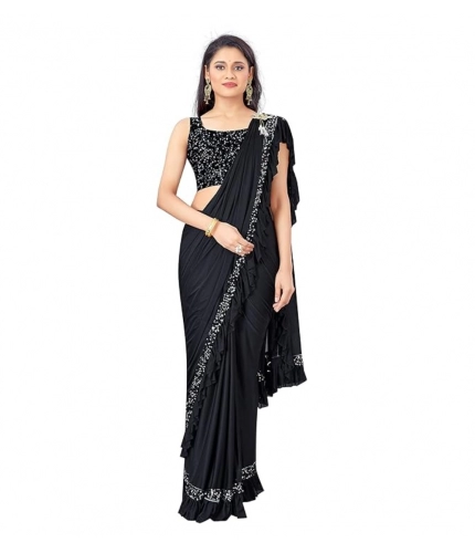 Women's Lycra Solid Saree With Unstitched Blouse (Black, 5.5 Mtr)