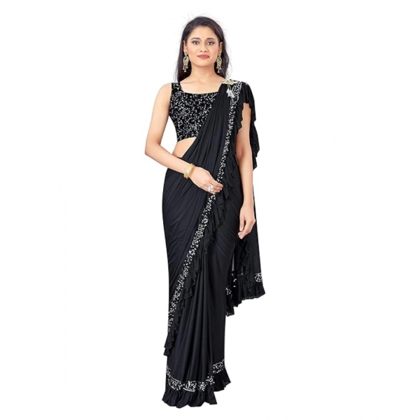 Dropship Women's Lycra Solid Saree With Unstitched Blouse (Black, 5.5 Mtr)