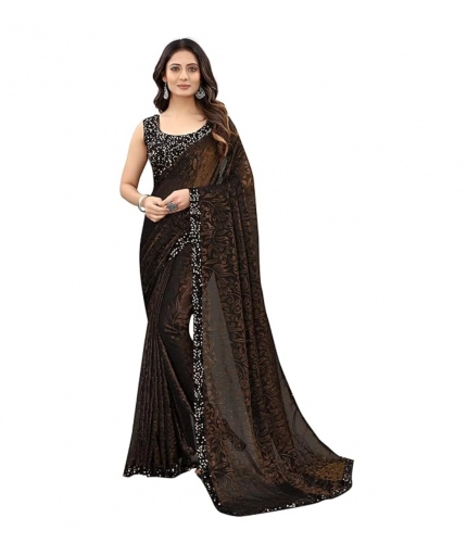Women's Lycra Floral Saree With Unstitched Blouse (Brown, 5.5 Mtr)