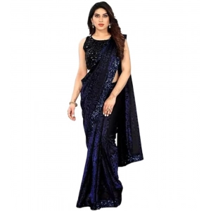 Generic Women's Lycra Floral Saree With Unstitched Blouse (Blue, 5.5 Mtr)