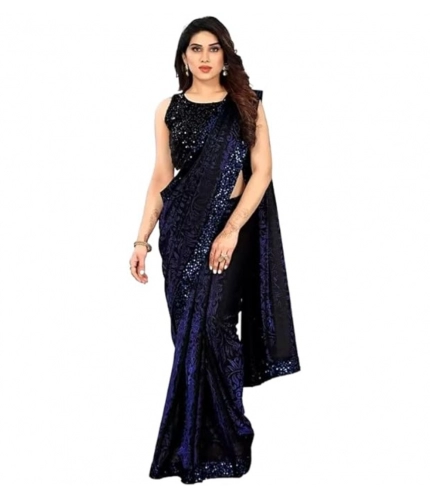 Women's Lycra Floral Saree With Unstitched Blouse (Blue, 5.5 Mtr)
