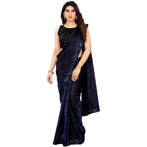 Dropship Women's Lycra Floral Saree With Unstitched Blouse (Blue, 5.5 Mtr)