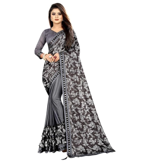 Women's Lycra Solid Saree With Unstitched Blouse (Grey, 5.5 Mtr)
