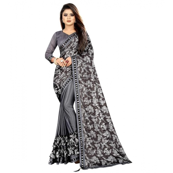 Dropship Women's Lycra Solid Saree With Unstitched Blouse (Grey, 5.5 Mtr)