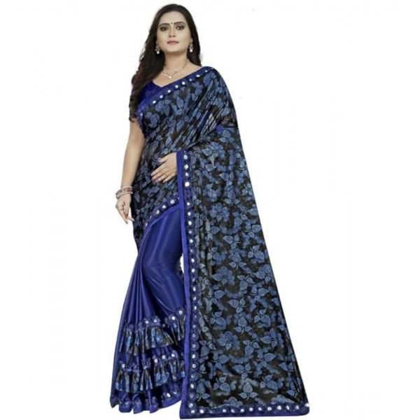 Dropship Women's Lycra Solid Saree With Unstitched Blouse (Blue, 5.5 Mtr)