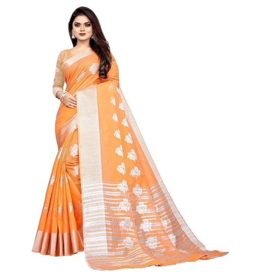 Women's Cotton Silk Floral Saree With Unstitched Blouse (Orange, 5.5 Mtr)