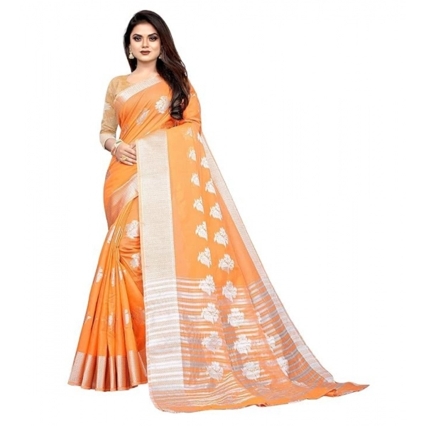Dropship Women's Cotton Silk Floral Saree With Unstitched Blouse (Orange, 5.5 Mtr)