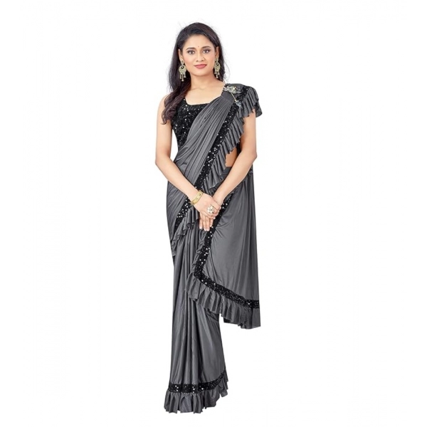 Dropship Women's Lycra Solid Saree With Unstitched Blouse (Grey, 5.5 Mtr)