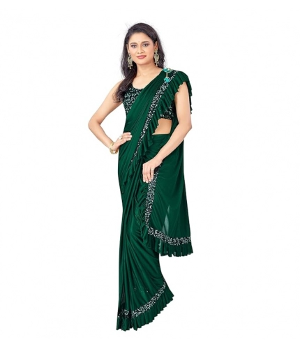 Women's Lycra Solid Saree With Unstitched Blouse (Green, 5.5 Mtr)
